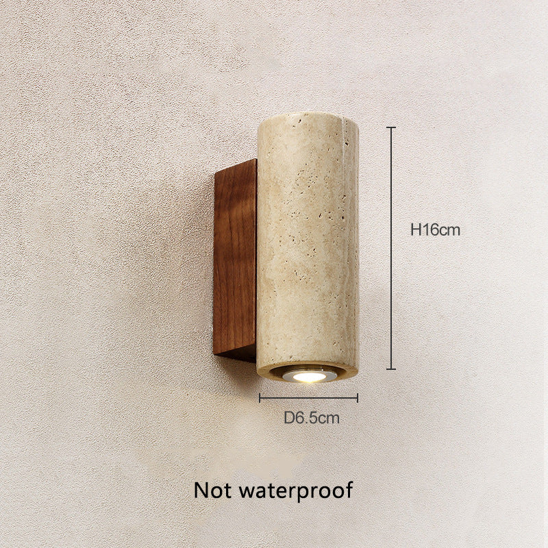 Japanese Stone and Walnut Wall Sconce / Rectangular Yellow Travertine